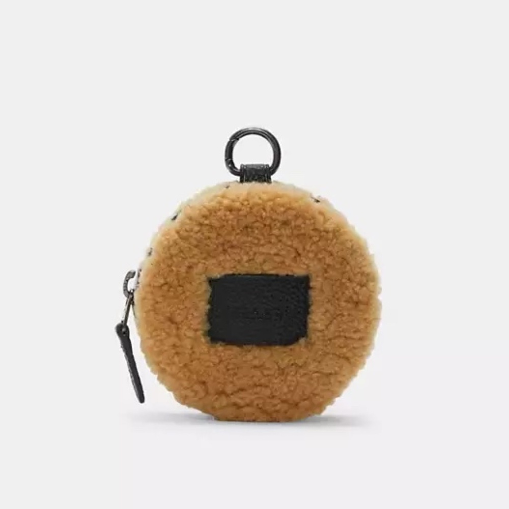 COACH genuine shearling and leather round coin case